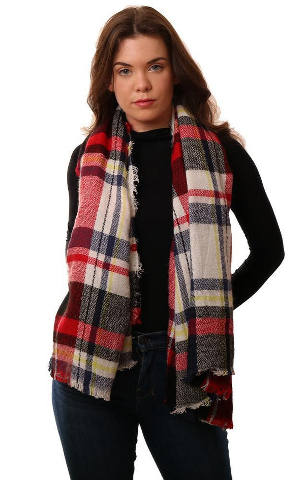 Scarves Frayed Edge Red Blue Plaid Chic Soft Blanket Scarf