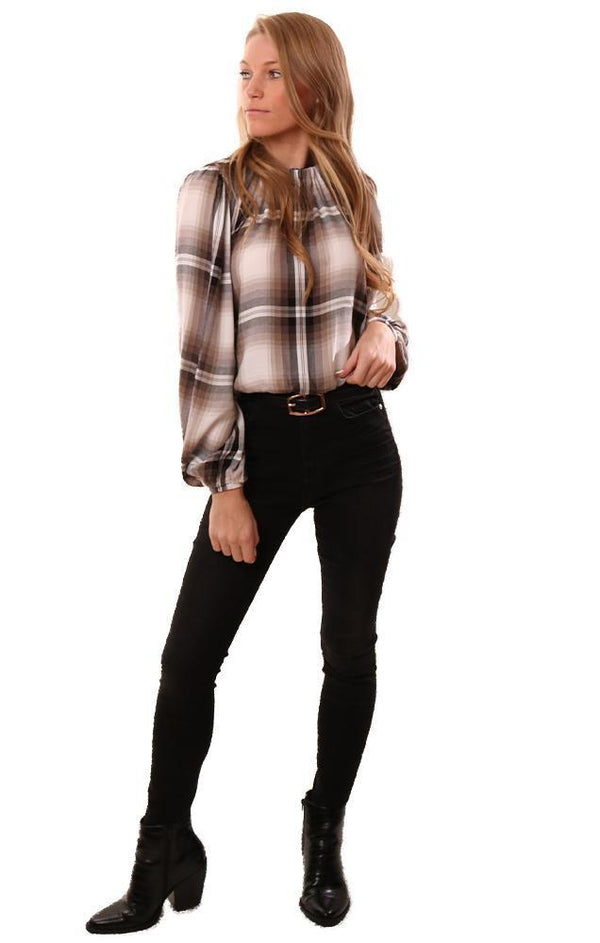 Bella Dahl Tops Long Wide Sleeve Shirred Plaid Crop