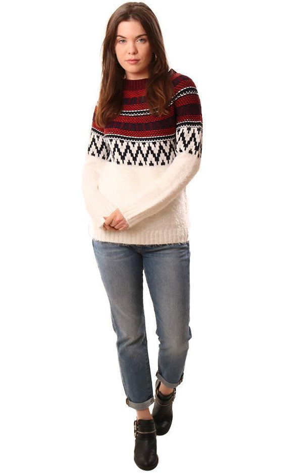 BB Dakota Sweaters Long Sleeve Crew Neck Ivory Knit Multi Striped Blue Red Pullover