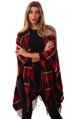 Shawls Fringe Trim Black Red Plaid Knit Ruana Poncho Wrap