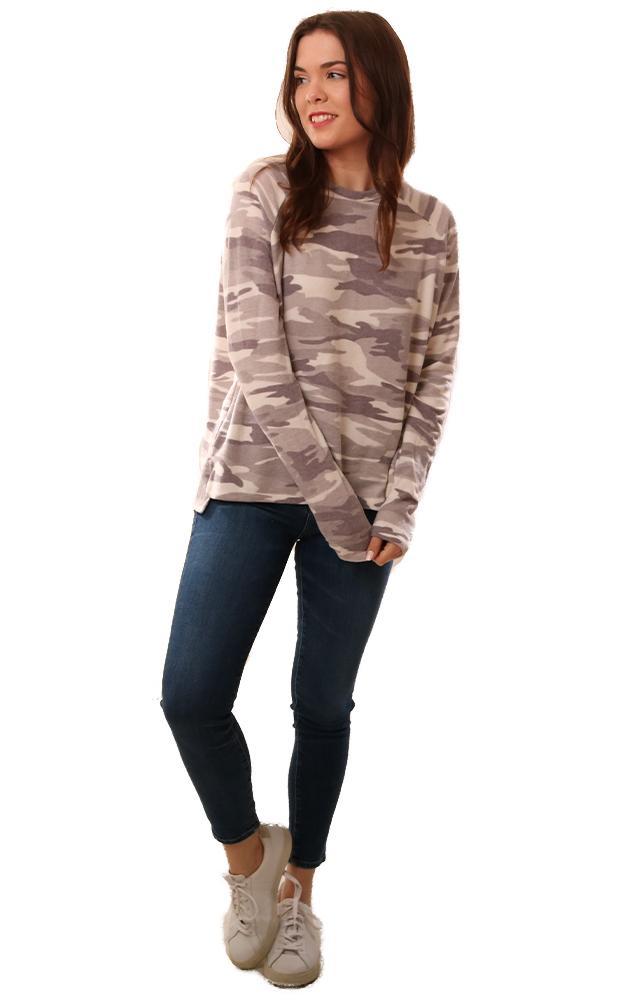 Six Fifty Tops Crew Neck Long Sleeve Hi Lo White Camo Print Top