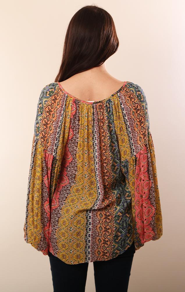 Tops Tie Neck Long Balloon Sleeve Printed flowy colorful blouse