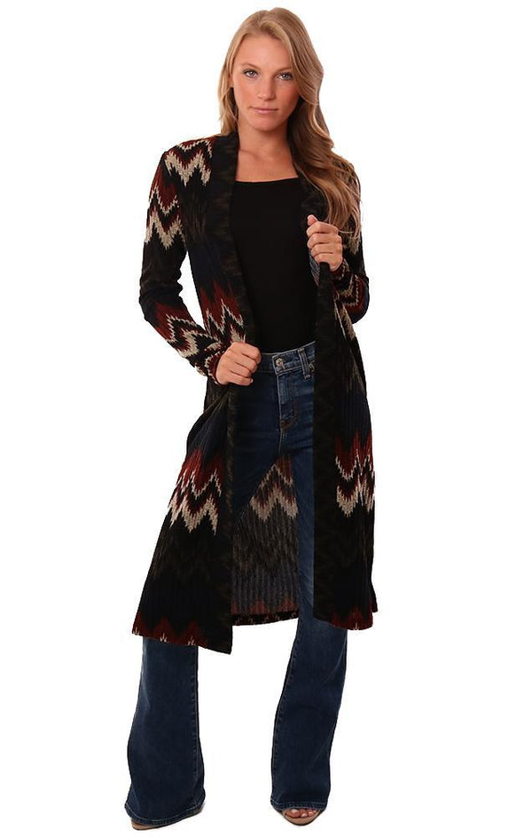 Veronica M Cardigans Open Front Long Sleeve Soft Black Printed Boho Duster