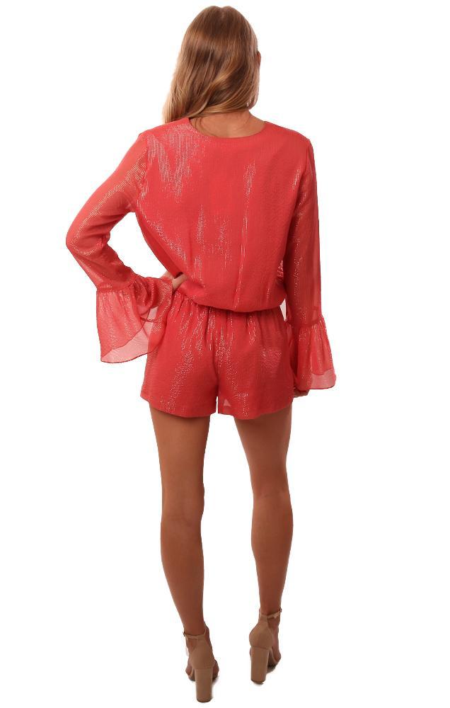 Amanda Uprichard Rompers V Neck Long Bell Sleeve Coral Metallic Romper