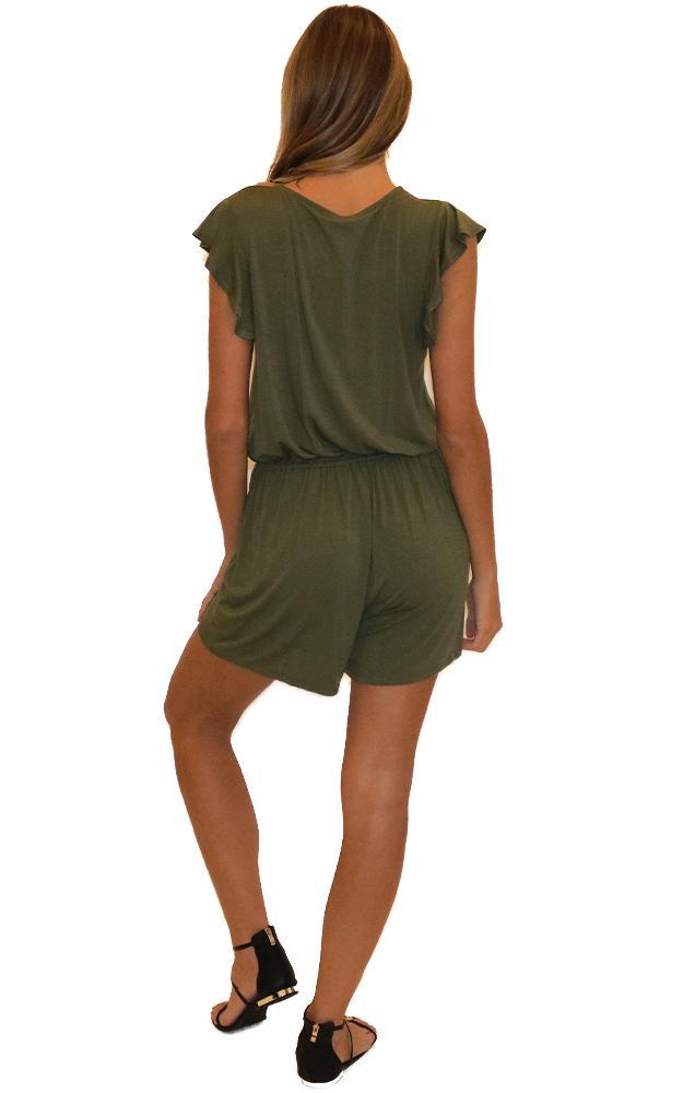 Six Fifty Rompers Flutter Sleeve Cross Front V Neck Tie Waist Olive Green Soft Romper