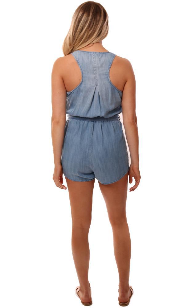 Bella Dahl Rompers Button Front Tie Waist Side Stripe Blue Tencel Summer Romper