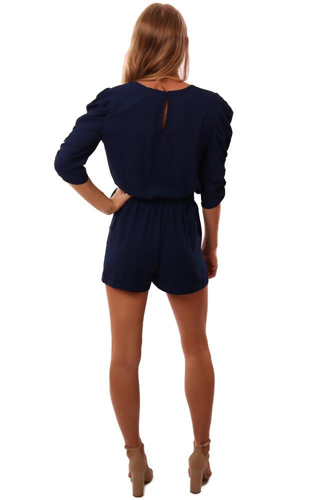 Amanda Uprichard Rompers Ruched Sleeve V Neck Navy Summer Romper