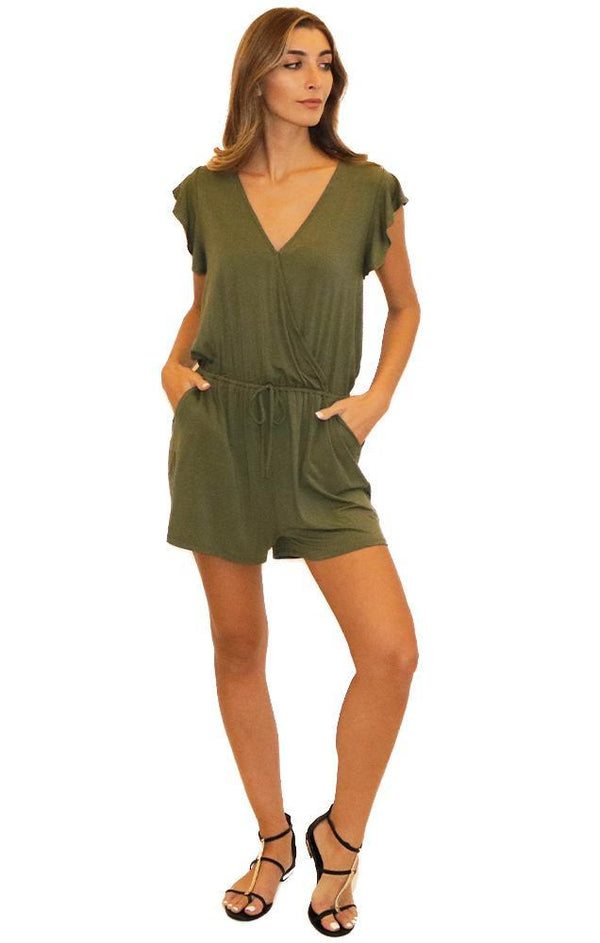 Six Fifty Rompers Flutter Sleeve Cross Front V Neck Tie Waist Olive Green One PIece