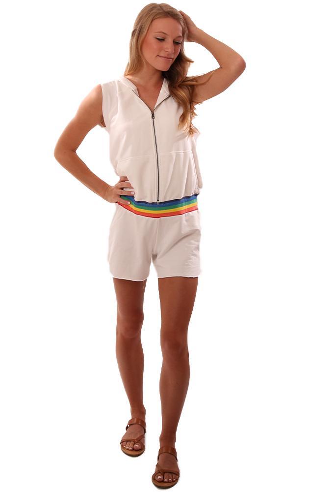 Sundays Rompers Zip Up Rainbow Waist Band Sleeveless Hoodie ROmper