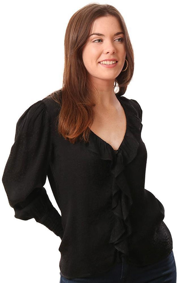 Red Haute Tops Ruffle Front Long Sleeve Black Blouse