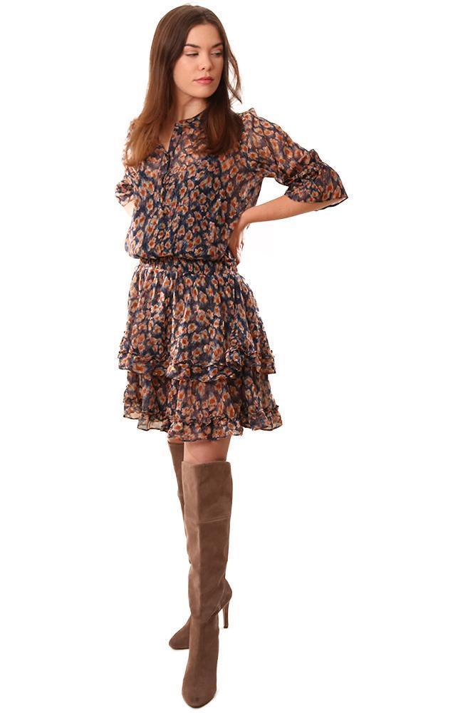 Dresses Ruffled Smocked Waist Floral Printed Navy Tan Mini Dress