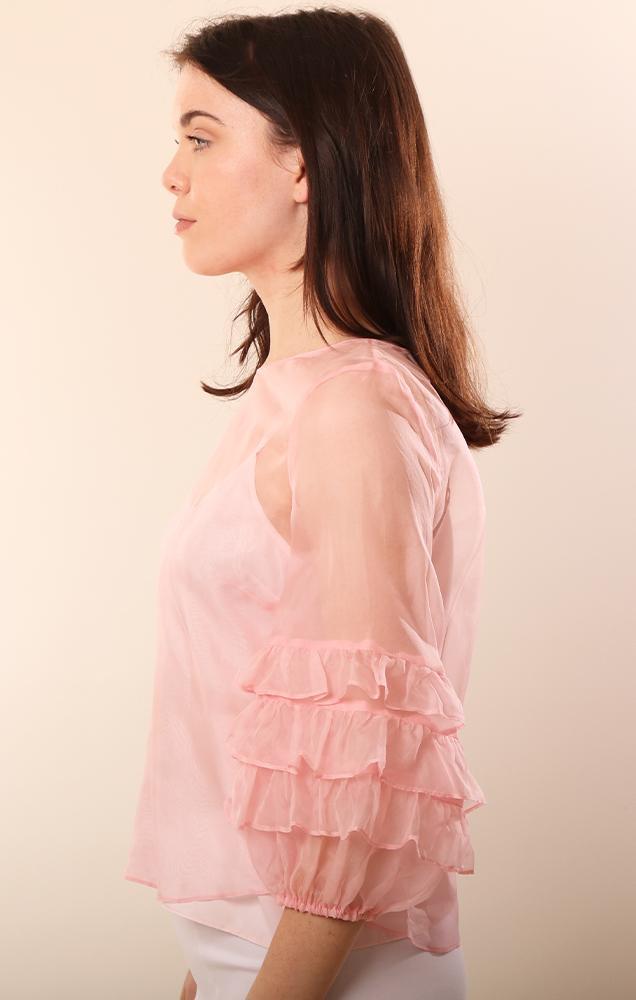 Amanda Uprichard Tops Ruffle Sleeve Sheer Delicate Pink Blouse