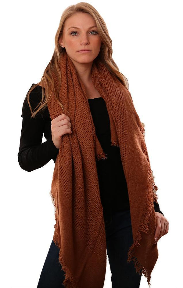 Scarves Frayed Edge Chic Open Weave Soft Brown Square Knit Scarf