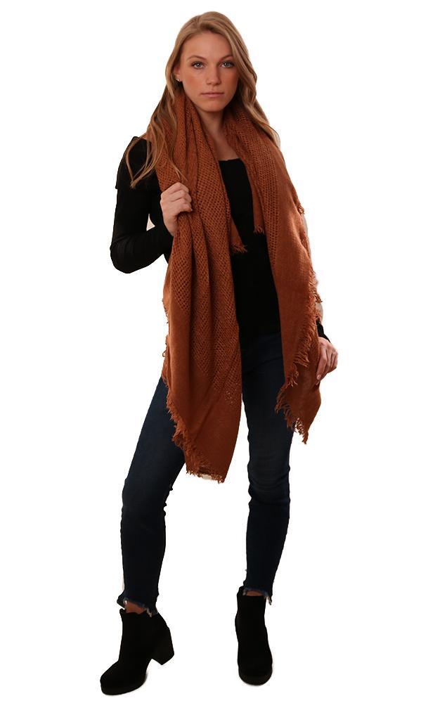 Scarves Frayed Edge Chic Open Weave Soft Brown Square Knit