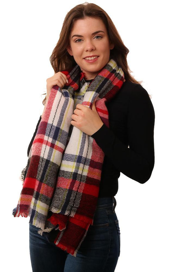 Scarves Frayed Edge Red Blue Plaid Chic SOft Winter Scarf