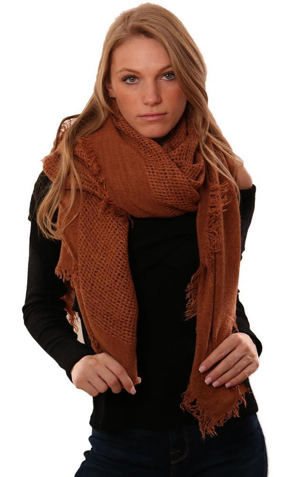 Scarves Frayed Edge Chic Open Weave Soft Brown Square Scarf