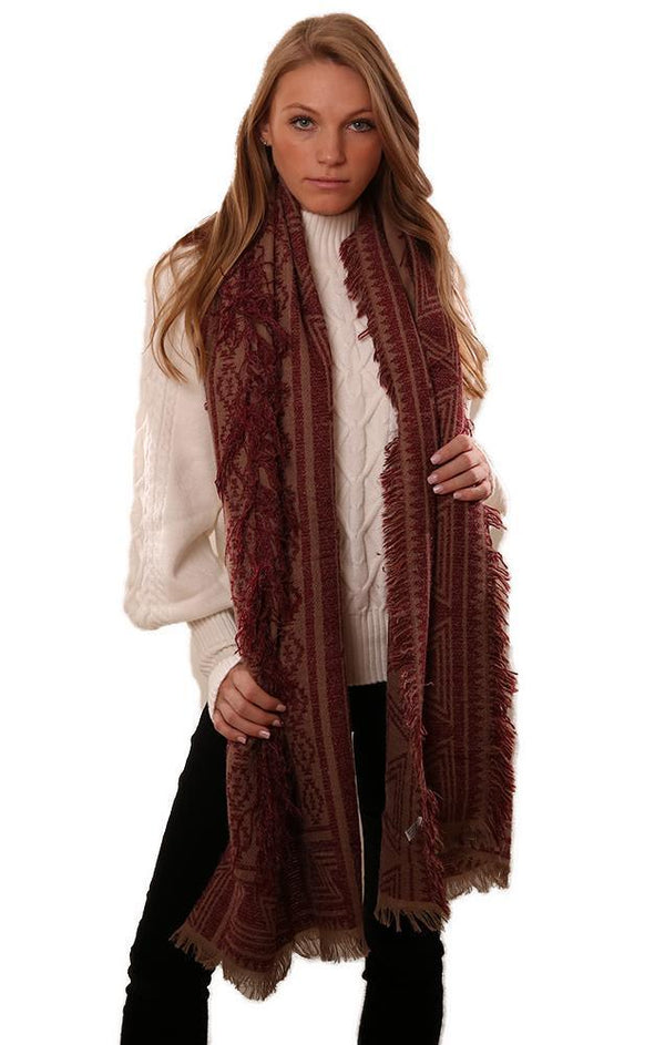 Scarves Frayed Edge Geometric Print Fringe Red Tan WInter Scarf