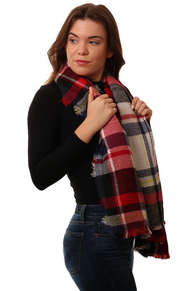 Scarves Frayed Edge Red Blue Plaid Chic Soft Winter Blanket Scarf