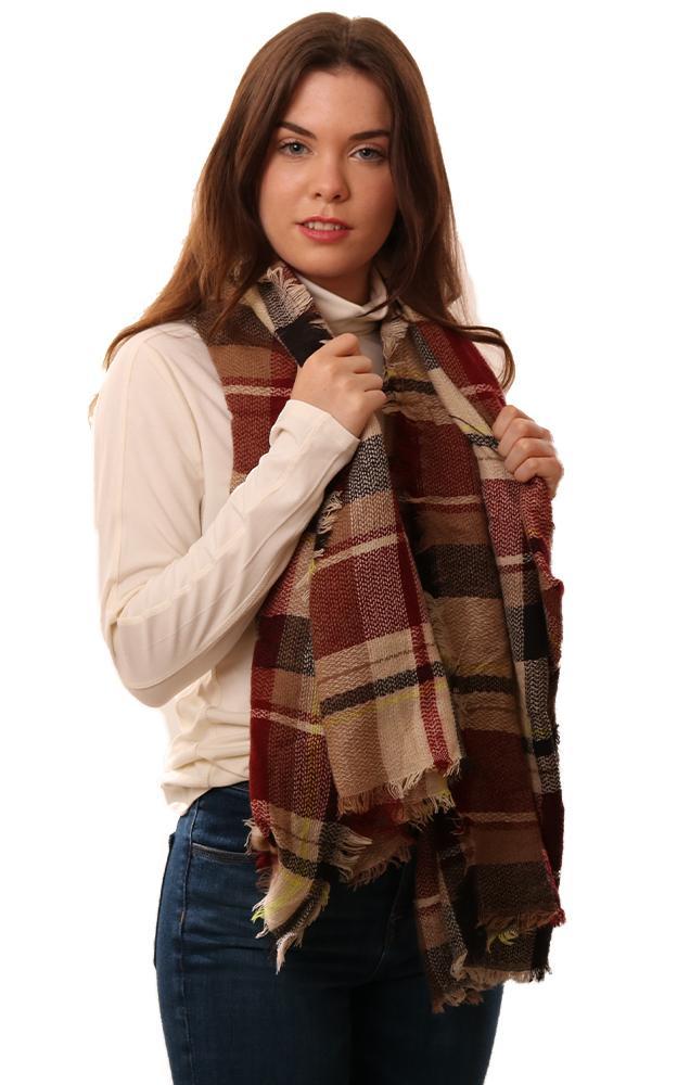 Scarves Plaid Frayed Edge Chic Soft Tan Burgundy Winter Blanket Scarf