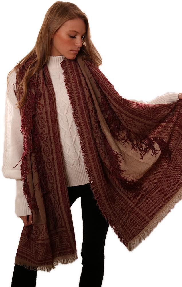 Scarves Frayed Edge Geometric Print Fringe Red Tan Scarf