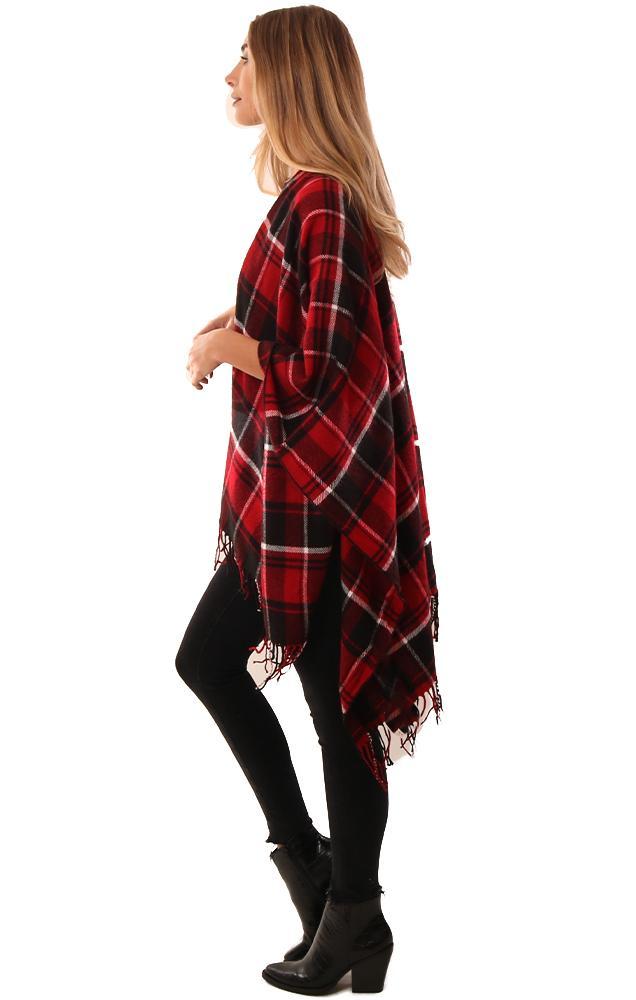 Shawls Fringe Trim Black Red Plaid Knit Ruana Topper