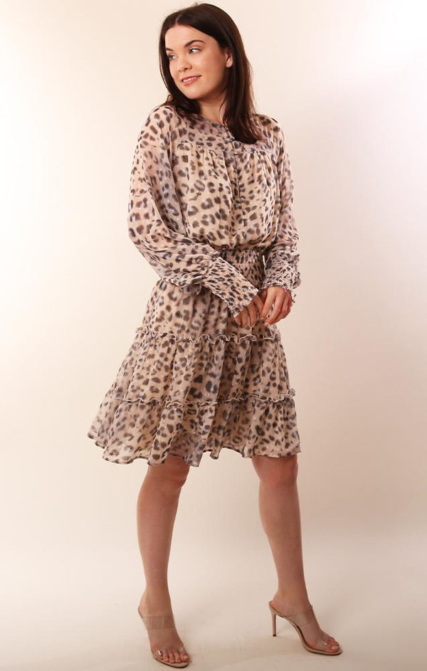 Dresses Smocked Waist Long Sleeve Layered Ruffle Cheetah Print Spring Dress