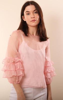 Amanda Uprichard Tops Ruffle Sleeve Sheer Pink Dressy Blouse