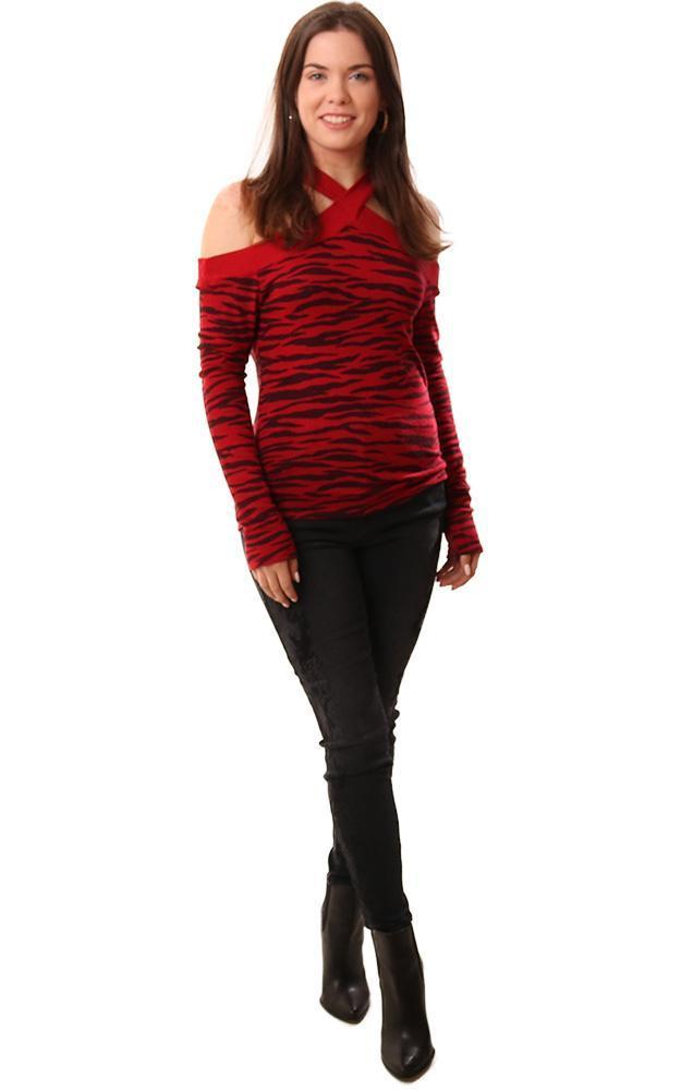 Red Haute Tops Long Sleeve Zebra Print Red Black Cold Shoulder Sweater