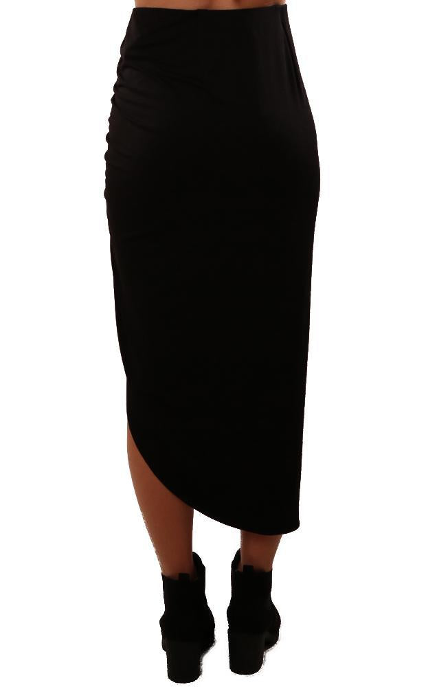 BB Dakota Skirts High Waisted Ruched Front Black Midi Fitted Skirt