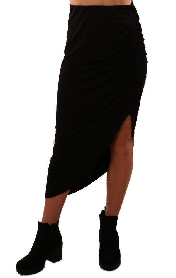 BB Dakota Skirts High Waisted Ruched Front Black Fitted Midi