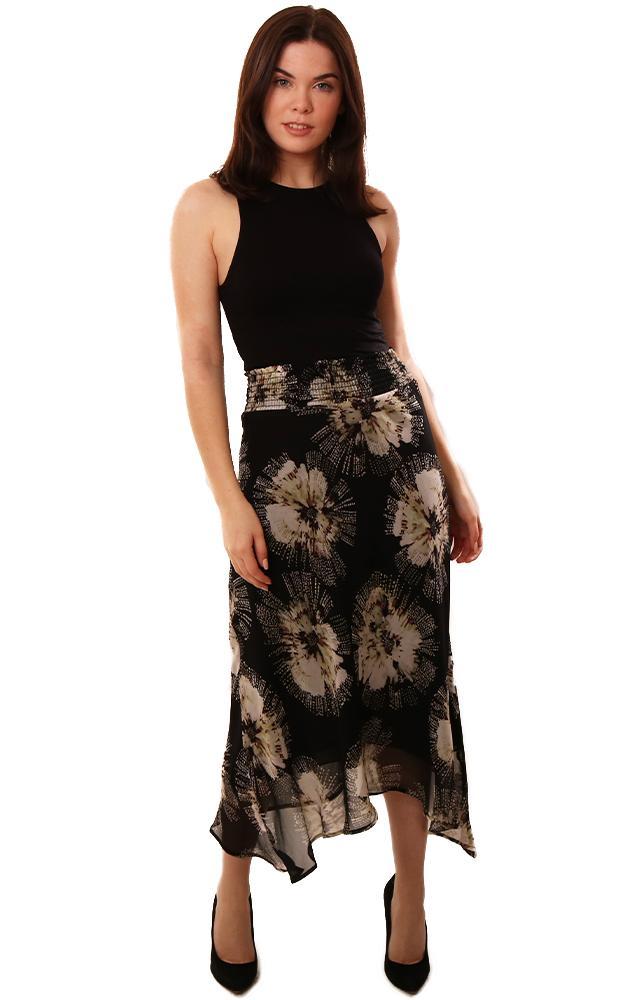 Veronica M Skirts Floral Printed Smock Waist Flowy Midi Black Skirt