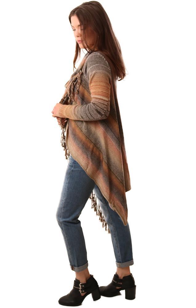 Sweaters Cardi Striped Fringe Brown Wrap 