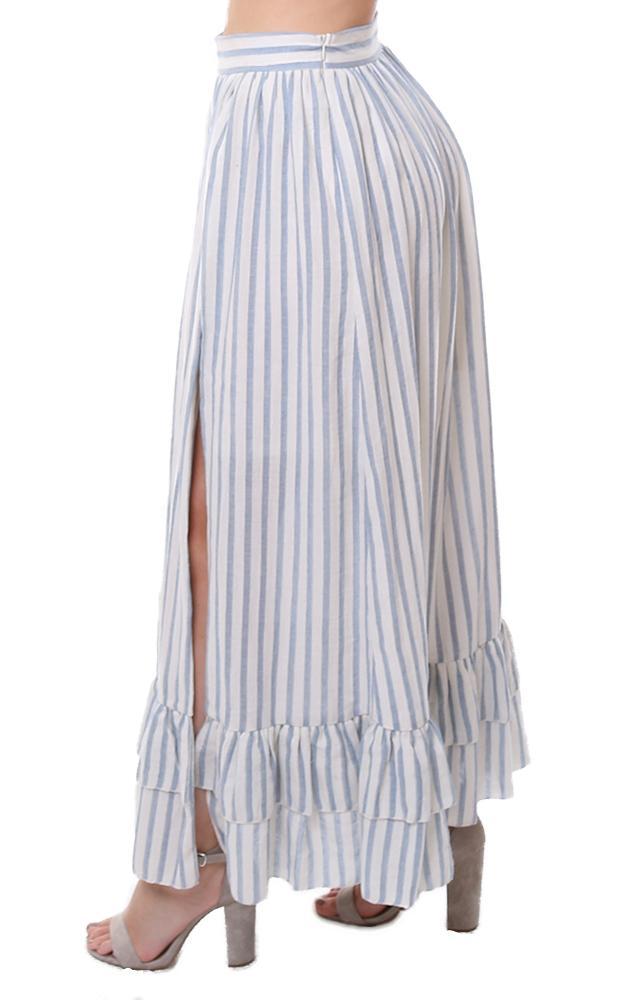 Skirts Side Slit Ruffle Trim Striped Flowy Summer Boho Maxi SKirt