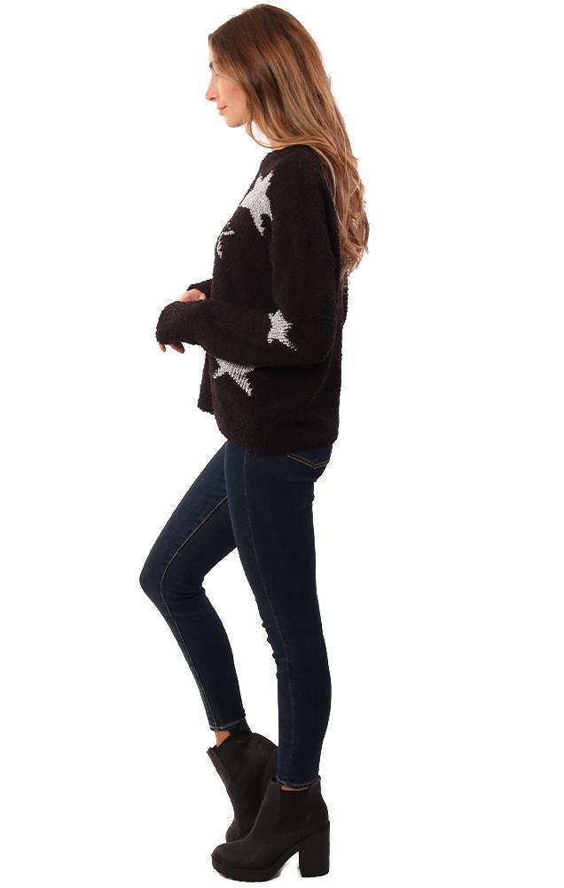 Hem And Thread Sweaters Star Printed Cozy Silver Black Sweater