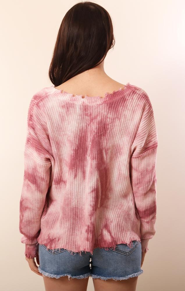 Long Sleeve Distressed Pink Tie Dye Knit Sweater