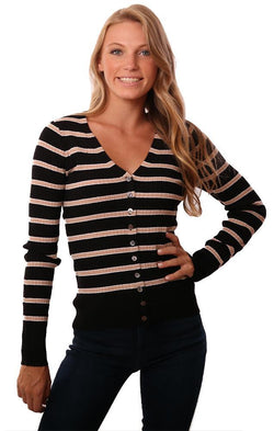 Heartloom Sweaters Long Sleeve V Neck Ribbed Button Up Black Pink Striped Knit