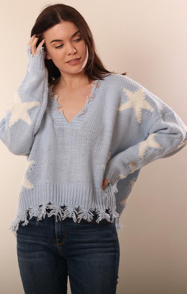 Storia Long Sleeve Distressed Star Printed Blue Spring Sweater