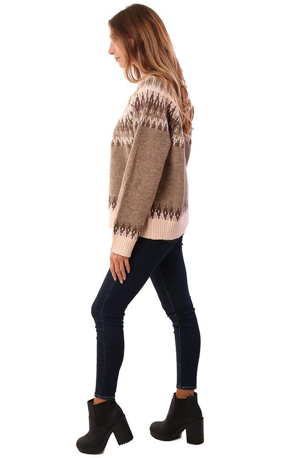 POL Sweaters Long Sleeve Crew Neck Printed Beige Pullover Top