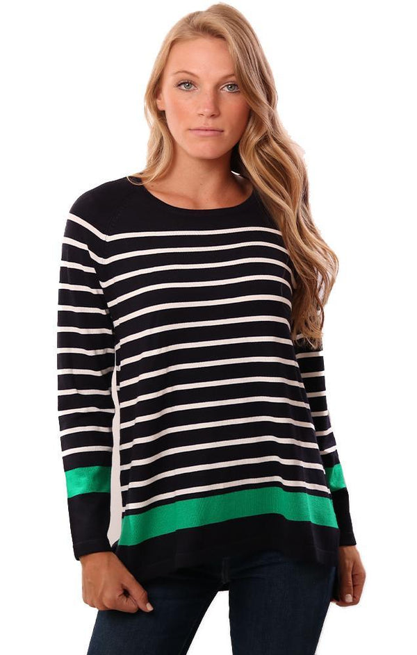 Metric Tops Long Sleeve Crew Neck High Low Navy White Green Knit Top