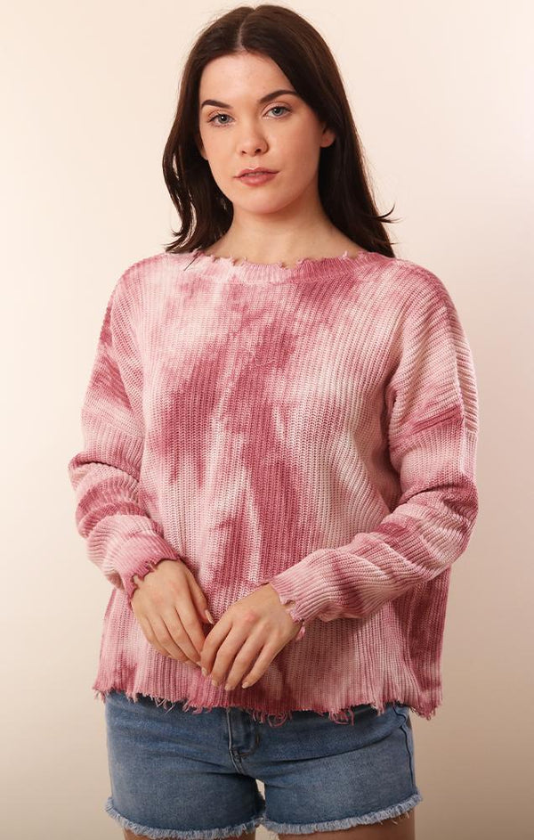 Long Sleeve Distressed Pink Tie Dye Knit Sweater