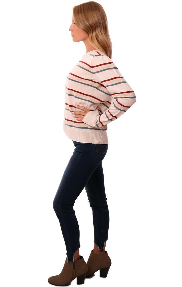 Heartloom Sweaters Long Gathered Sleeve Crew Neck Striped Ivory Knit Top