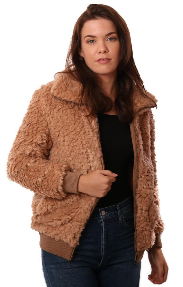 BB Dakota Jackets Collared Zip Up Faux Fur Tan Cozy jacket