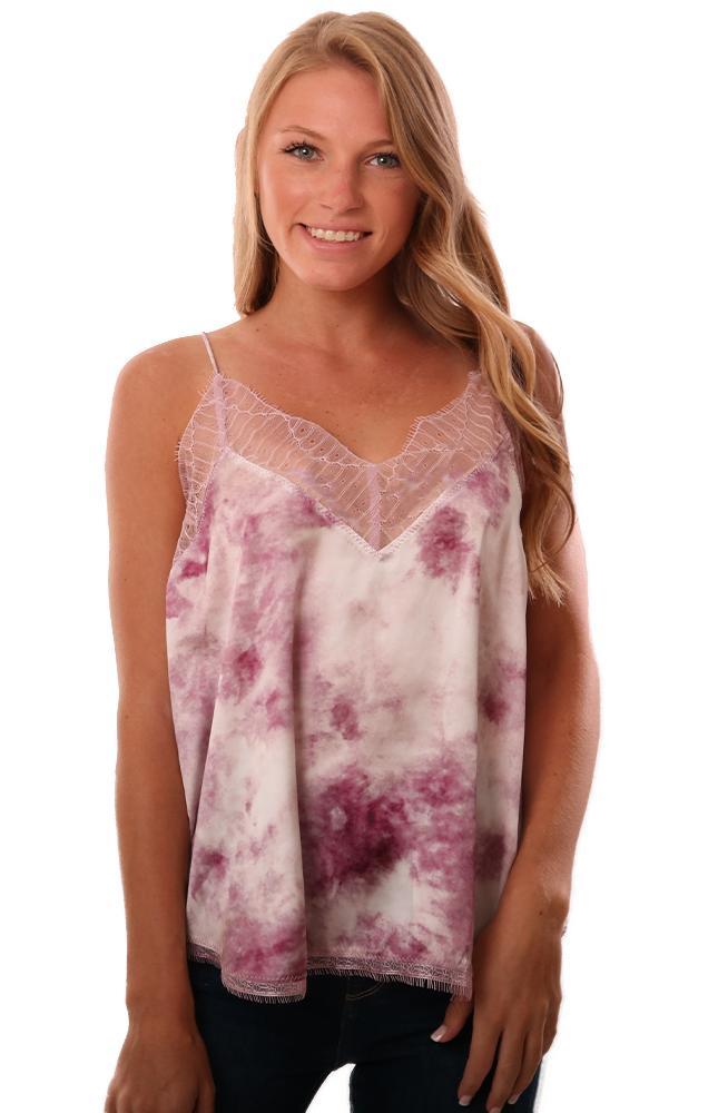 Storia Tops Lace Trim Tie Dye Silky Pink Purple Cami Top