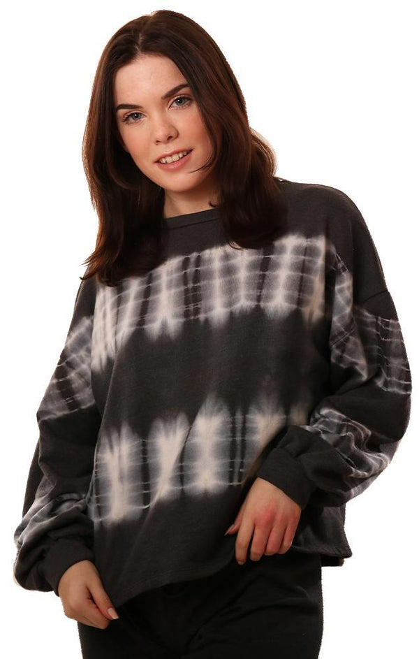 Six Fifty Tops Long Sleeve Tie Dye Print Knit Grey Pullover Top