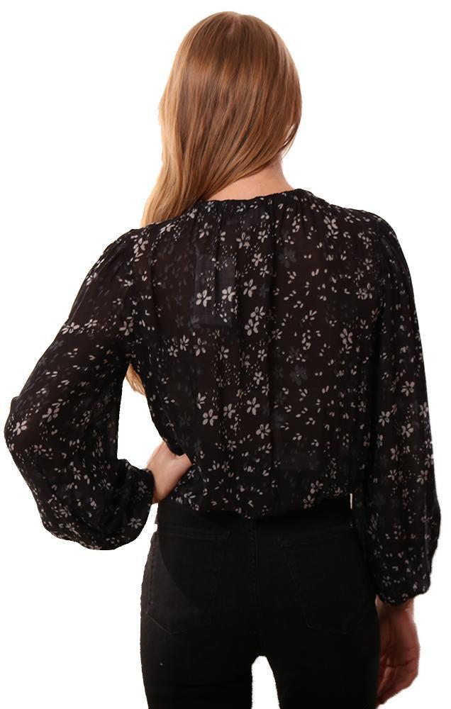 Bella Dahl Tops Long Sleeve Shirred Black Floral Flowy Blouse