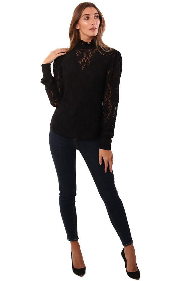 Red Haute Tops Long Pouf Sleeve High Neck Black Blouse