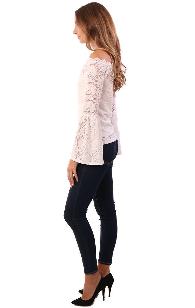 Red Haute Tops Off The Shoulder Long Bell Sleeve Ivory lace Top