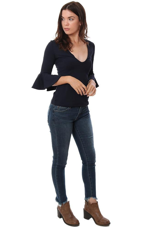 Susana Monaco Tops Scoop V Neck Ruffle Bell Sleeve Fitted Navy Top