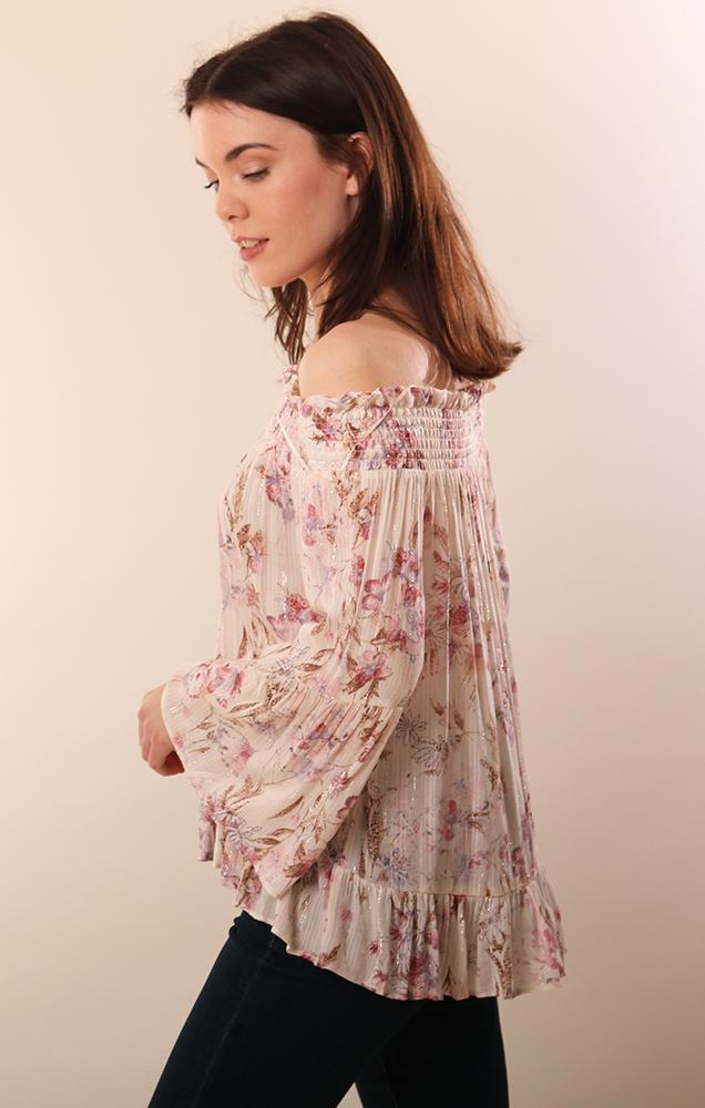 Tops Bell Sleeve Off The Shoulder Floral Printed pink blouse