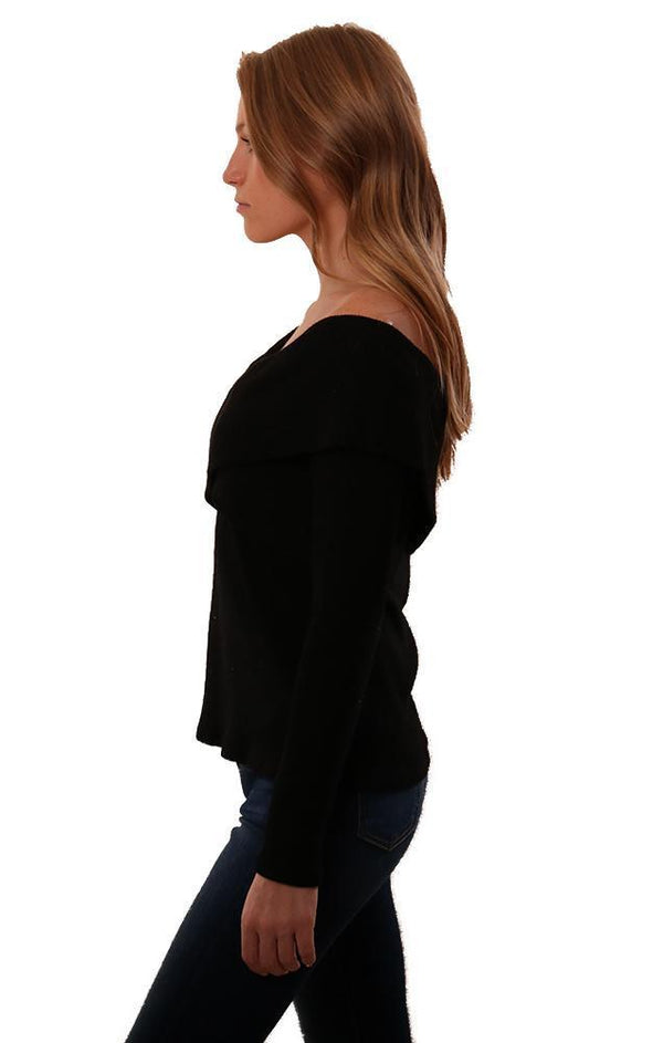 Red Haute Tops Long Sleeve Off The Shoulder Cross Over Black Knit Top